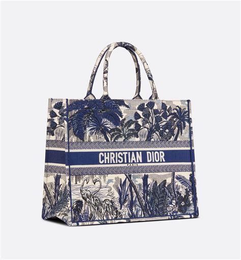 dior book tote blue palm tree toile de jouy embroidery